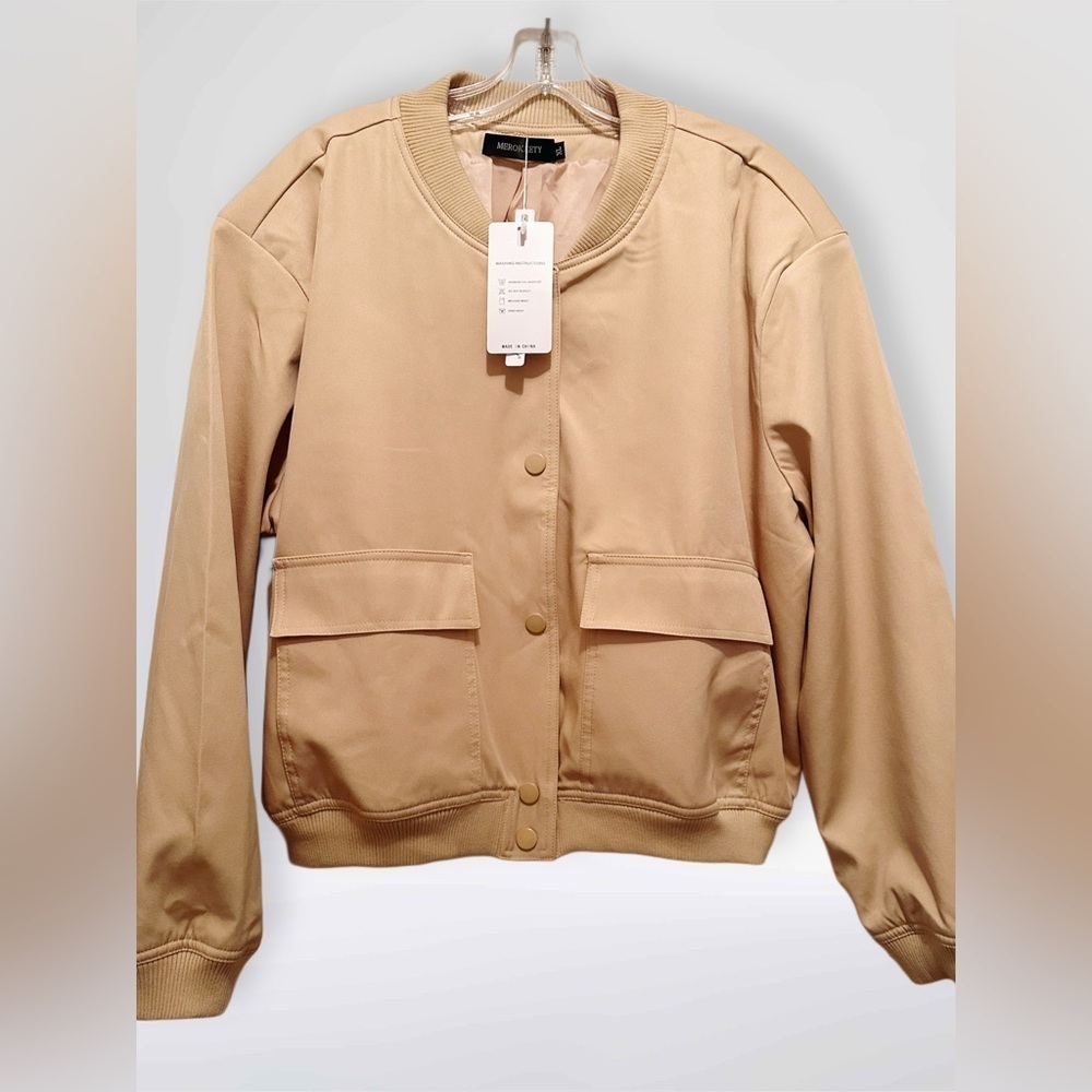 NWT Merokeety Women’s Cropped‎ Snap Front Crew Neck Bomber Jacket Khaki Size XL